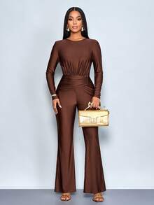 SOLERSUN Tuta intera da donna a maniche lunghe con collo rotondo, vita arricciata e gamba ampia, in colore unito - Caffè Marrone - Visualizzare 6