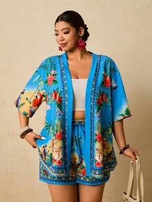 Travachic 大码女式印花短袖和服衬衫及短裤休闲两件套 - 藍色 - 查看 5