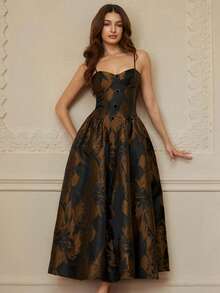 Revavyn 咖啡色提花收腰褶裥连衣裙，金属扣设计，优雅浪漫迷你连衣裙，女士款 - 彩色 - 查看 6