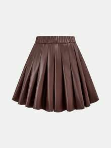 SHEIN Tween Girl Casual High-Waisted Versatile Solid Color Pleated Short PU Skirt - Brown - View 2