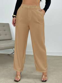 SHEIN Frenchy 秋冬季大码纯色西装裤 - 卡其色 - 查看 6