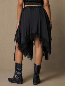 Freevana Fustă vintage boemă din satin negru, cu talie neregulată, cu tiv din dantelă, tip A-line, retro elegantă, de primăvară timpurie, versatilă, pentru slăbit - Negru - Vizualizare 2