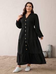 SHEIN Essnce Vestido negro de manga larga con cuello en V, ajustado, de tela texturizada, cómodo y suelto, para uso diario, para mujeres de talla grande, para otoño/invierno, con bolsillos, atuendos de otoño, trajes de iglesia - Negro - Ver 3