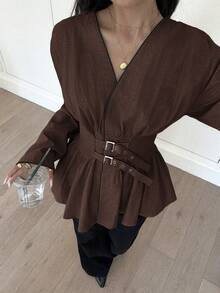 Siren Gaze 女士纯棉撞色滚边腰部衬衫，秋冬新品 - 棕色 - 查看 4