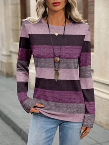 EMERY ROSE 女士圆领条纹印花撞色休闲长袖T恤 春季条纹长袖女式长袖上衣，休闲款 - 紫色 - 查看 3