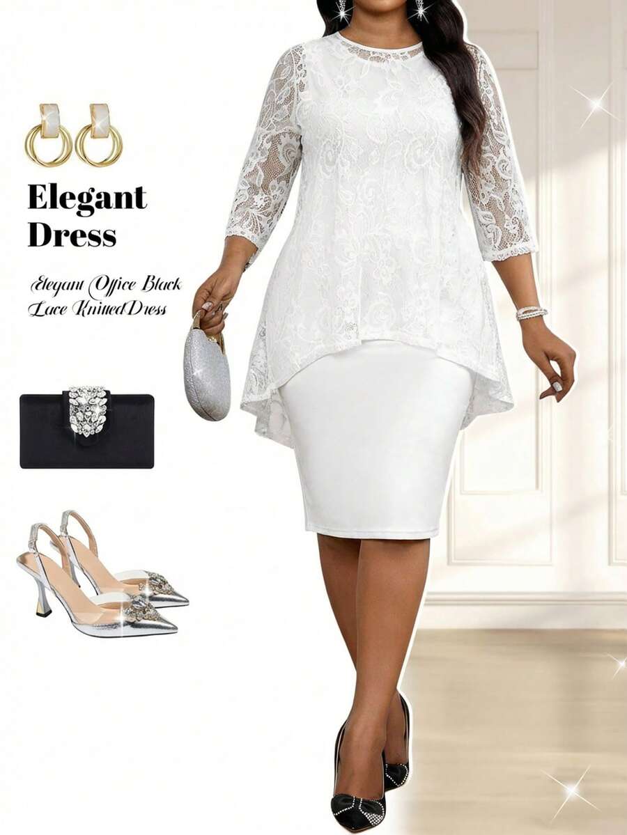 SHEIN Lady Spring And Summer Autumn And Winter Elegant Commuting Office White Lace Knitted Scoop Neck Midi Three Quarter Length Sleeve Plus Size Co-Ords Summer Clothes Summer Outfits For Women Summer Outfits Women's Summer Set Spring Outfit Women Spring Break Outfits Valentine's Day  Birthday Dress  Elegant Dresses For Women - White - View 1
