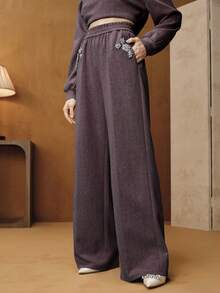 Anewsta Vintage Washed Light Blue Casual Sweatpants With Handcrafted Rhinestone Embellishments For Women - Purple - View 6