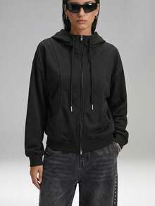 SHEIN EZwear Women's Casual Black Front Zipper Long Sleeve Hooded Sweatshirt With Pockets Graduation,Back To School Outfits,Graduation,Teacher Outfits For Women,Back To School In Fall/Winter - Black - View 1