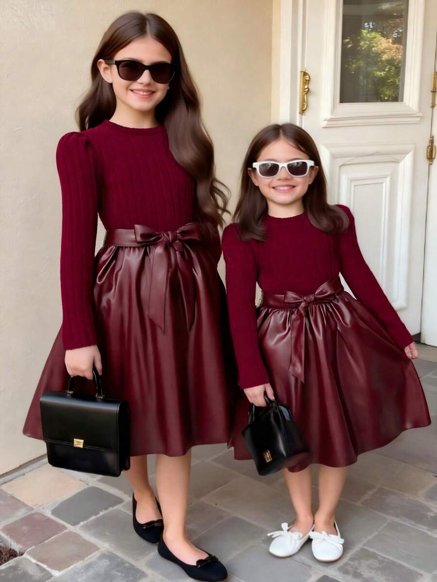 SHEIN 1pc Girls Crew Neck Long Sleeve Ribbed Knit Patchwork Floral Hem Dress, Sweet & Ladylike, Autumn - Burgundy - View 1