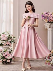 Pitira 少女缎面网纱拼接珠绣领A字连衣裙，适合晚宴、婚礼等场合 - 藕粉色 - 查看 3