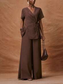 Zivah 女士纯色交叉系带露脐上衣搭配松紧腰阔腿裤度假派对套装 - 棕色 - 查看 4