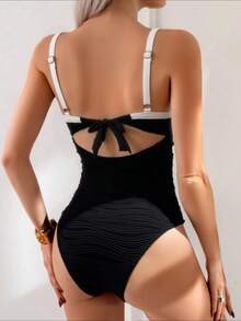 Swim Lushoire 女士纯色纹理面料撞色吊带比基尼两件套，沙滩度假 - 黑與白 - 查看 2