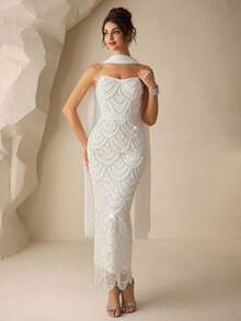 Coutiva Elegant And Sexy Strapless Backless Suspender Dress With Fan-Shaped Pearl Ribbon Design And Bodycon Straight Hem, Suitable For Birthday Party Dresses, Music Festival Dresses, Valentine's Day Dresses, Graduation Ceremony Dresses, Cocktail Parties, Parties, Dinner Dresses, Gatherings, And Daily Wear. Pearl Dress Glamorous Dress Elegant Dresses Luxury Dresses Gowns - White - View 4