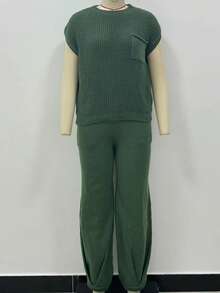 SHEIN LUNE 女士纯色简约日常短袖长裤宽松休闲毛衣套装 - 綠色 - 查看 1