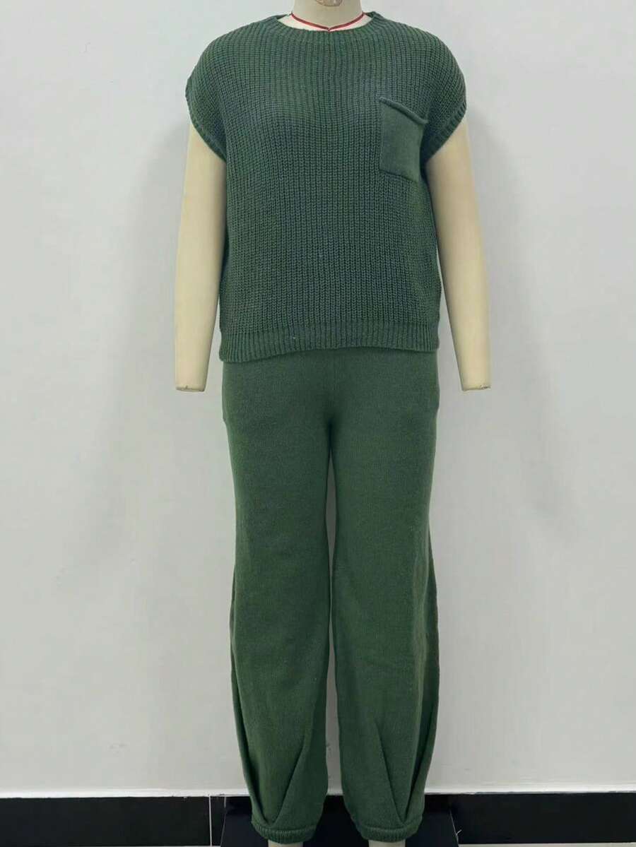 SHEIN LUNE 女士纯色简约日常短袖长裤宽松休闲毛衣套装 - 綠色 - 查看 1