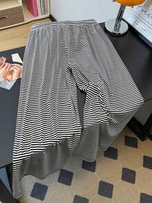 GlowEve CURVE Plus Size Women Casual Elastic Waist Striped Knit Straight Leg Pants, Comfortable For Everyday Wear Stripe Pants Striped Set - Black and White - View 2