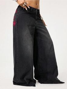 ROMWE Grunge Punk Jeans rectos de talla grande con lavado desgastado, cruce y enredadera de estilo punk, extra largos para mujeres de talla grande - Negro - Ver 4