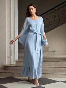 ZEYLAH Women's Loose Fit Asymmetrical Hem Robe/Robe, Bat Wing Sleeve, Faux Silk, Spring/Summer - Dusty Blue - View 1