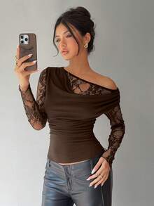 Siren Gaze Women's Lace Collar Fitted T-Shirt, Elegant Ladies Top, Autumn/Winter Spring Casual Brown Dark Brown Top - Coffee Brown - View 1