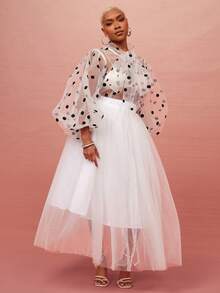 Vixey Black Double Layer Tulle Mesh Midi Skirt With Taffeta Lining - White - View 3