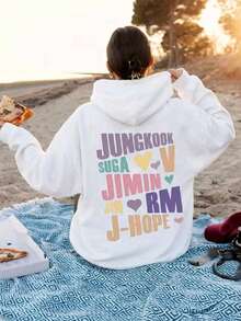 Sudadera hoodie básica mujer dama bolsillo canguro gorro capucha estampado GRAFICO DE BT21 KOREA KPOP B.T.S GRAPHIC caliente frío uso diario | buena calidad | Textura Suave Fortiz - Blanco - Ver 1