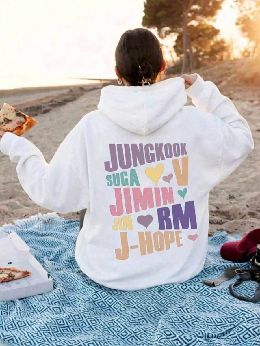 Sudadera hoodie básica mujer dama bolsillo canguro gorro capucha estampado GRAFICO DE BT21 KOREA KPOP B.T.S GRAPHIC caliente frío uso diario | buena calidad | Textura Suave Fortiz - Blanco - Ver 1