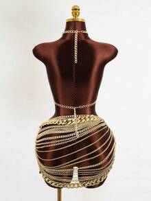 Mistrie Women's Sexy See-Through Chain Rhinestone 2 Pieces Set, Autumn/Winter - Gold - View 2