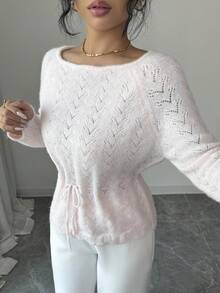 Rafferiza Women's Hollow Out Drawstring Knit Pullover Sweater Knit Tops Knit Top Women Lace Long Sleeve Sweater Sets For Women Knit Two Piece Set - Pink - View 7