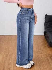 Jeanoix 高腰直筒宽松蓝色休闲百搭日常牛仔裤 - 中等水洗藍 - 查看 5