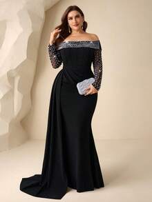 Coutiva Plus Size Women Faux Pearl Decor Mesh Patchwork Long Sleeve Flowy Elegant Formal Evening Gown Plus Size Off The Shoulder Elegant Dress Plus Size Black Evening Gown Plus Size Black Cocktail Dress Off The Shoulder Plus Size Dress Plus Size Curve Elegant Dress Plus Size Evening Gown Plus Size Black Elegant Dress Plus Size Corset Dress Valentines Dress Elegant Dress Sequin Dress Floral Dress Luxury - Black - View 5