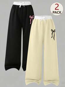SHEIN 2 chiếc quần nỉ cỡ lớn dành cho bé gái, kiểu dáng thường ngày, đa năng, in họa tiết đường phố, ống rộng, cạp quần phối màu tương phản, thích hợp cho mùa Thu/Đông. - Nhiều màu - Xem 7