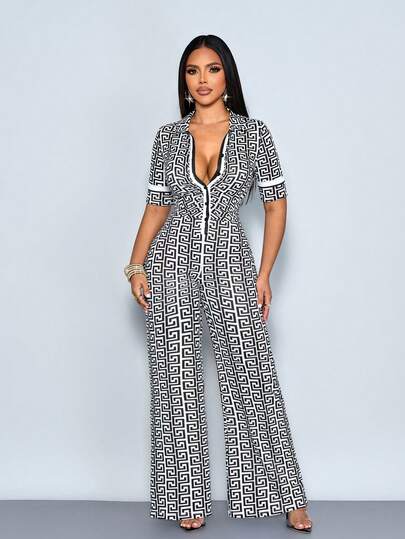 SOLERSUN 女士秋冬黑白几何图案印花撞色腰部阔腿连体裤，感恩节女士冬季服装