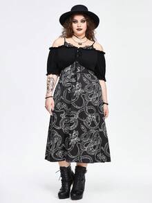 ROMWE Goth Vestido de Manga Curta Plus Size para Mulher em Estilo Gótico Off-Shoulder em Renda e com Bloco de Cores de Estampa de Cobra - Preto - Ver 6