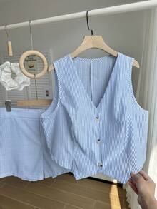 SHEIN EZwear 大码夏季休闲条纹背心短裤套装，适合毕业季、返校季、秋冬季教师穿着。