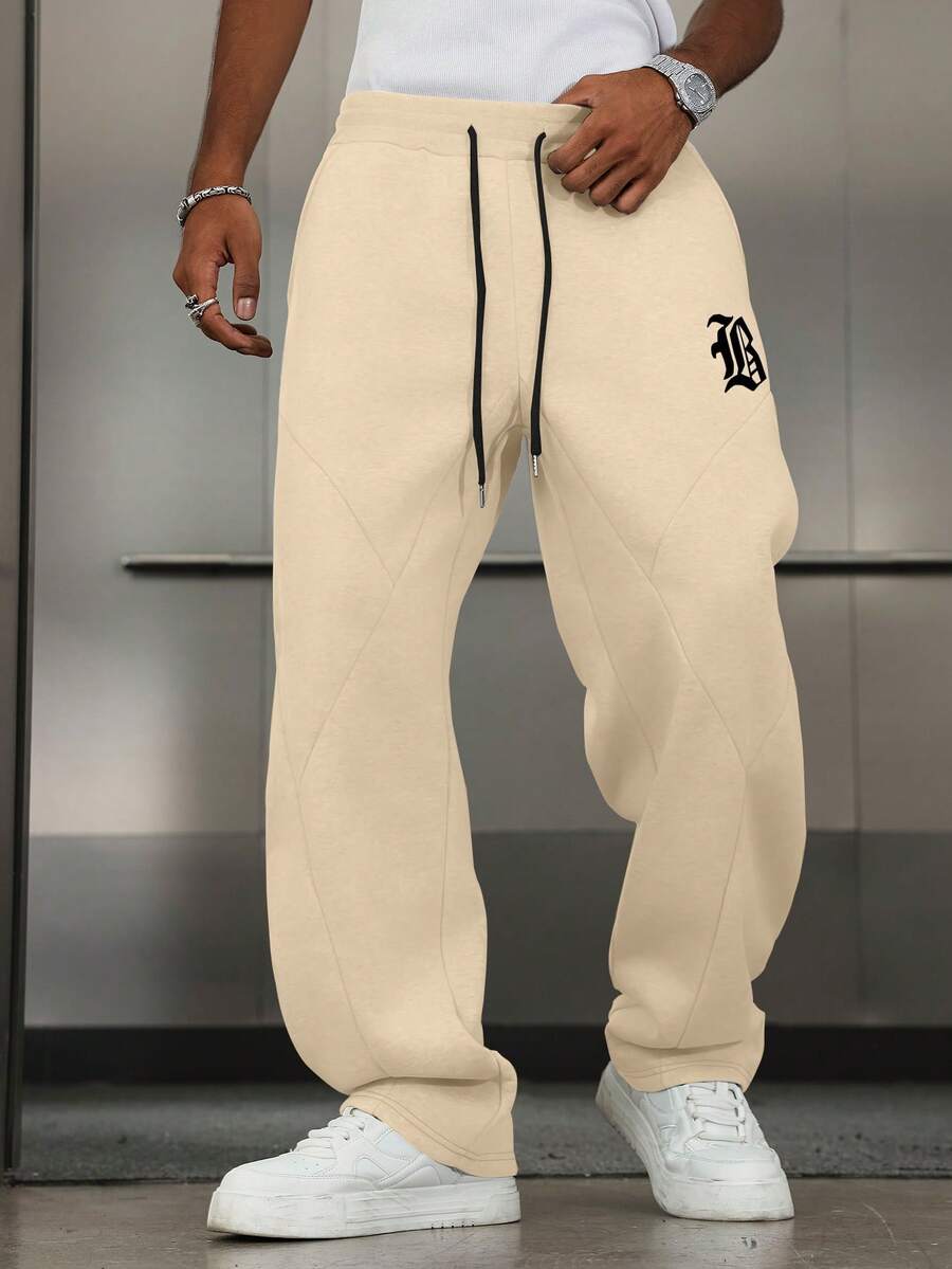 PAVTROS Men's Letter Print Drawstring Waist Casual Versatile Commuter Sweatpants - Khaki - View 1