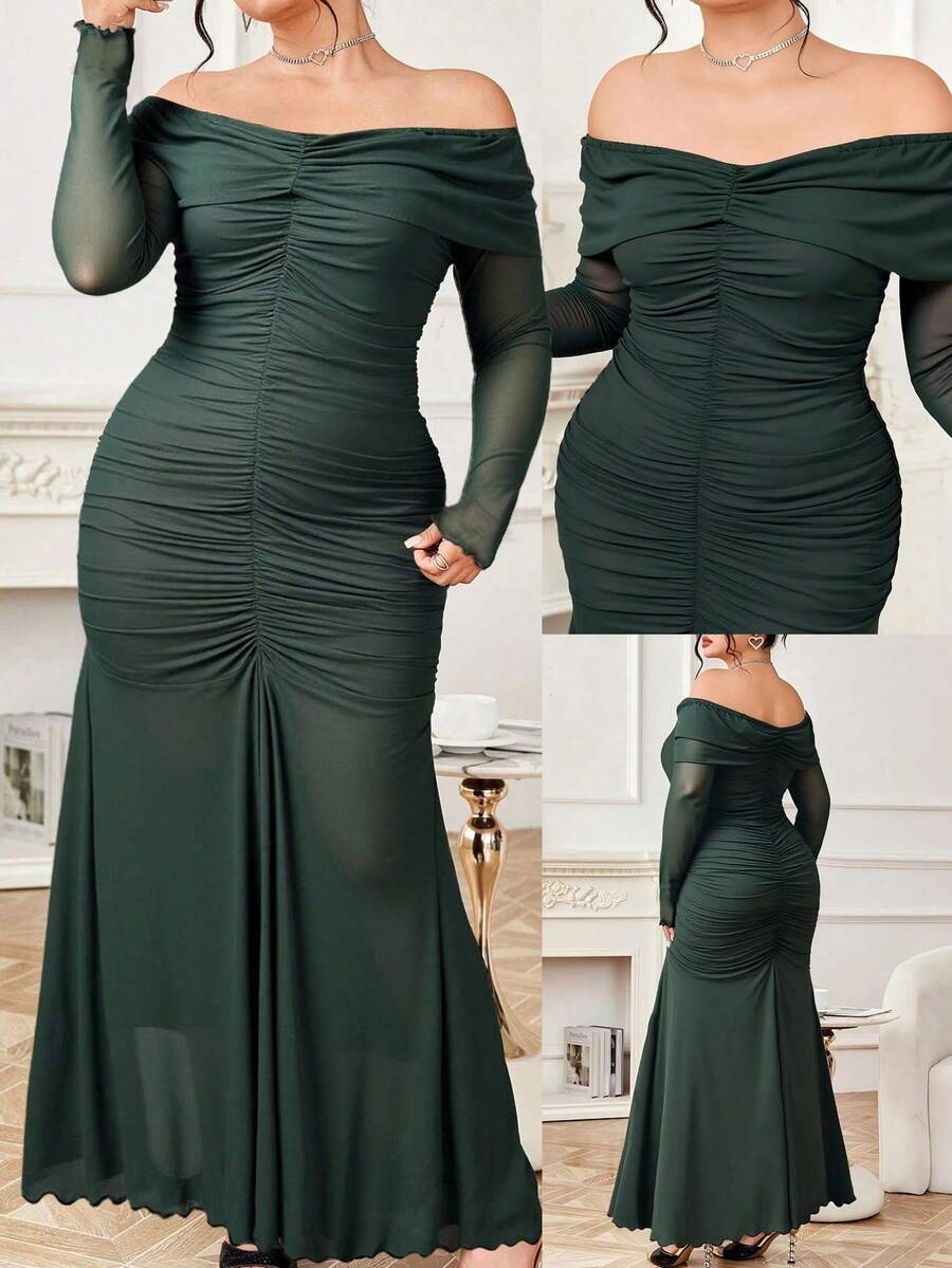 Modelyn Đầm dự tiệc tối tay dài hở vai lưới màu xanh ngọc lục bảo cỡ lớn dành cho nữ