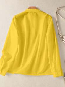 Camisa elegante informal de color liso con cuello en V y botones para mujer,Top de manga larga casual de moda - Amarillo - Ver 3