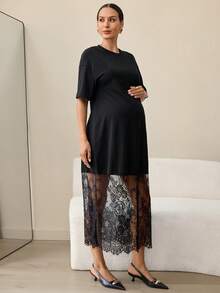 MaterniWear 孕妇圆领短袖撞色蕾丝下摆优雅连衣裙 - 黑色 - 查看 4