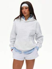 Gameset SHEIN Sport 1 buah Sweatshirt Lengan Panjang Berkerudung Kasual Campuran Linen, Cocok untuk Olahraga dan Pemakaian Sehari-hari - Light Grey - View 6