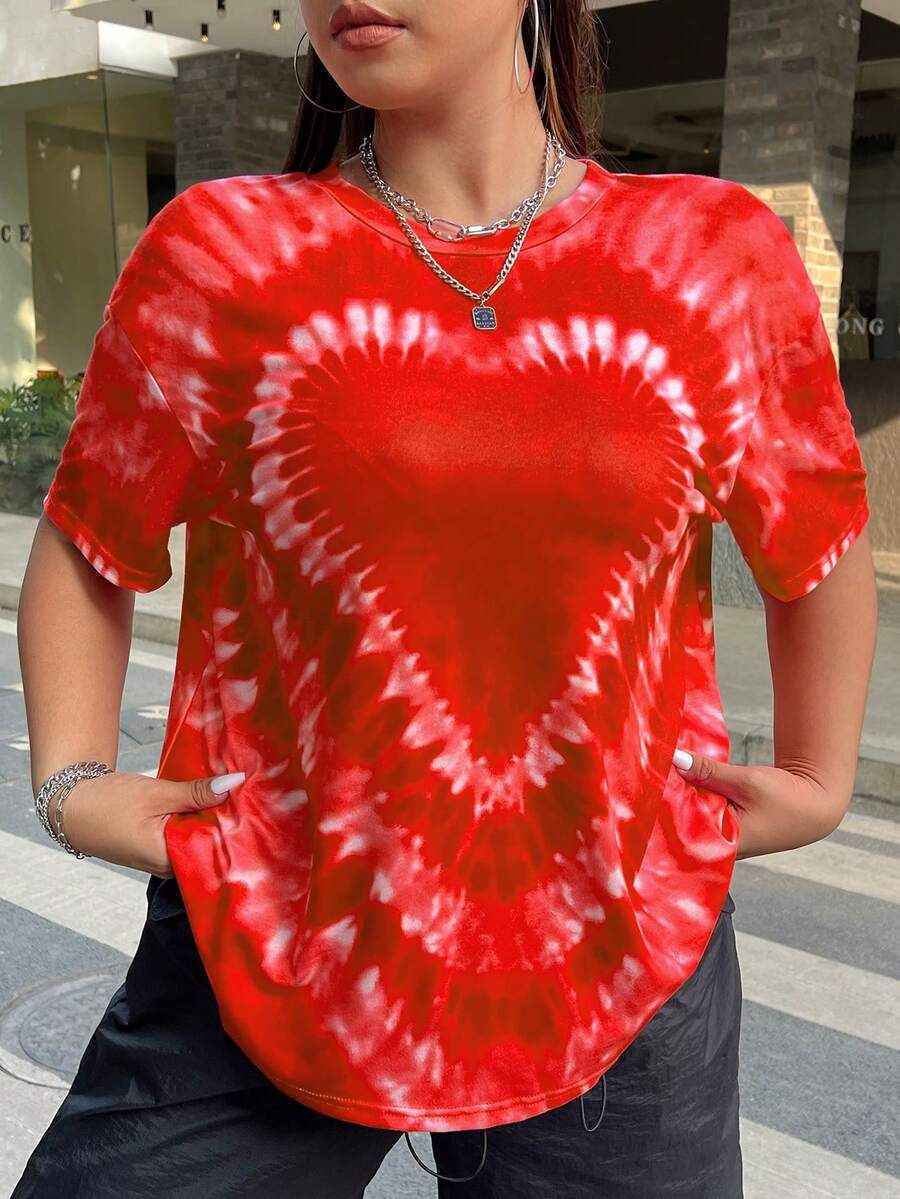 SHEIN EZwear 大码女式圆领落肩短袖休闲宽松扎染爱心T恤 - 亮橙色 - 查看 1