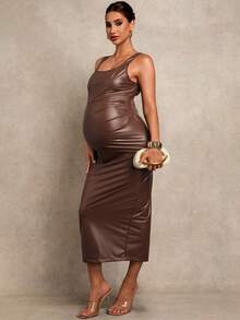 MaterniChic Maternity Solid Color PU Leather Square Neck Sleeveless Elegant Dress Summer Outfits  Elegant Dresses - Brown - View 6