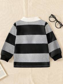 SHEIN Young Boys Striped Contrast Collar Knit Casual Loose Retro American Style Long Sleeve Polo Shirt, Suitable For School And Daily Wear Striped Long Sleeve Shirt Kids Boy Collared Shirt Boy Stripe Outfit - Black - View 2