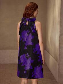 MOTF PREMIUM FLORAL JACQUARD HALTER TIE BACK SHORT DRESS - Purple - View 3