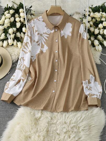 Lacomfia Plus Size Floral Print Long Sleeve Loose Casual Shirt, Spring/Autumn