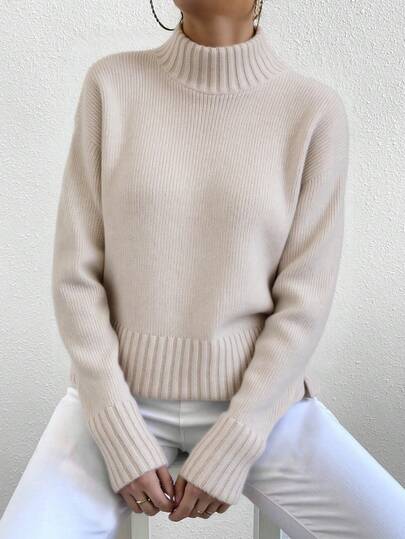 Blusa de Punto Mujer Cuello Alto Tejido Ribeteado, Prenda Básica Fashion para Combinar