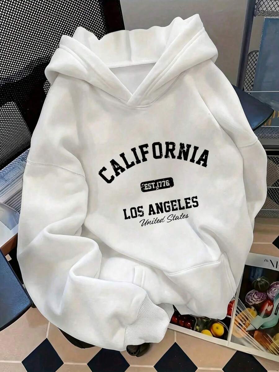 Sudadera hoodie básica mujer dama bolsillo canguro gorro capucha estampado GRAFICO DE CIUDAD CALIFORNIA LOS ANGELES CITY GRAPHIC caliente frío uso diario | buena calidad | Textura Suave Fortiz - Blanco - Ver 1