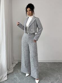 Modelyn 女款優雅灰色秋季辦公室穿著梭織粗花呢兩件套，長袖翻領夾克開襟衫與寬腿直筒褲休閒套裝 - 黑色 - 查看 6