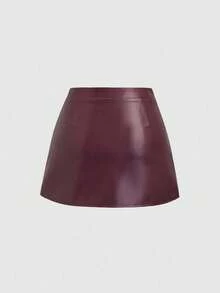 Sweetra Petite 秋冬休闲A字喇叭PU皮迷你裙，娇小女性的时尚之选 - 酒紅色 - 查看 2