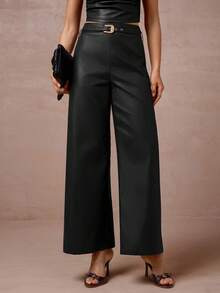Lumalex Women's High Waist Straight Leg Pants With Faux Leather Belt - Black - View 1