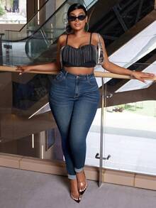 Slaydiva Plus Size Women Elastic Blue Vintage Versatile Cuffed Skinny Jeans - Blue - View 7